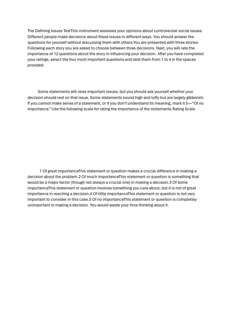 The Defining Issues TestThis Instrument Assesses Your Opinions About ...