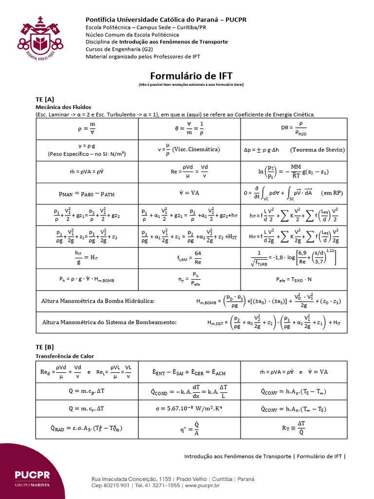 Formulário de IFT | PDF | Transferência de calor | Mecânica de continuidade