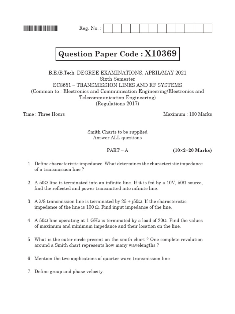 Transmission Lines and RF Systems - EC8651 2017 Regulation - Question ...