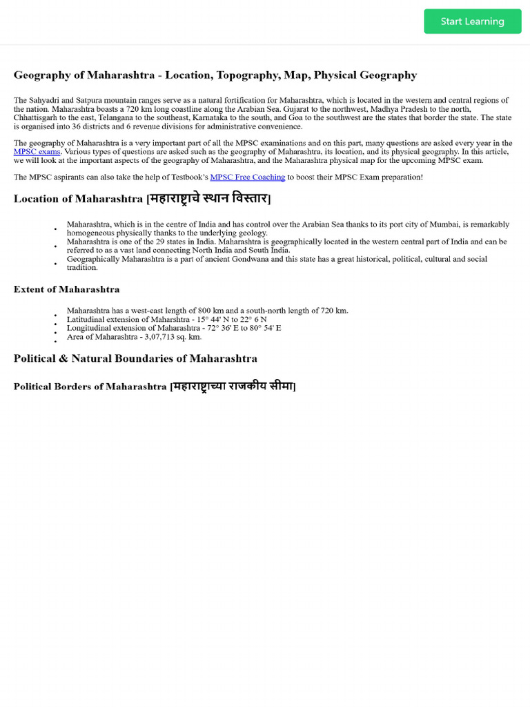 Geography of Maharashtra - Physical Geography For The MPSC Exam | PDF