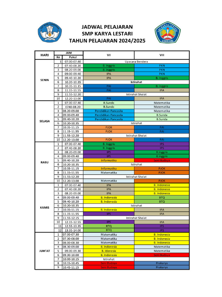 Jadwal Pelajaran SMP Karya Lestari 2024-2025 | PDF