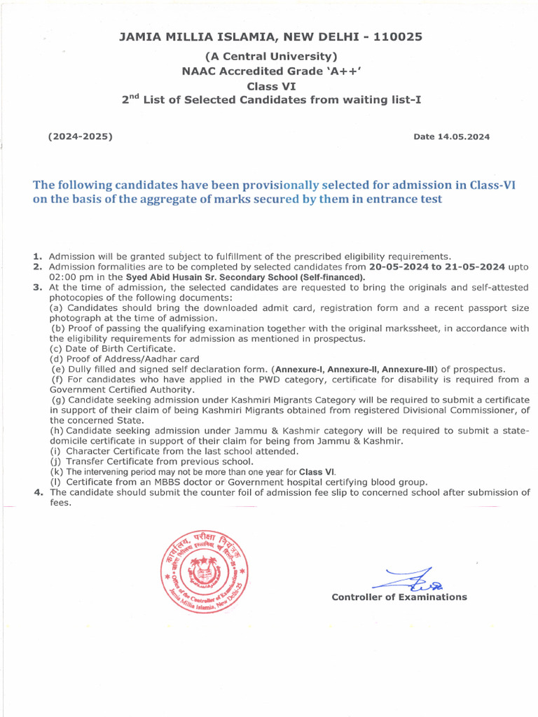 Class Vi 2ND List of Selected Candidates From Waiting List-1 Syed Abid ...