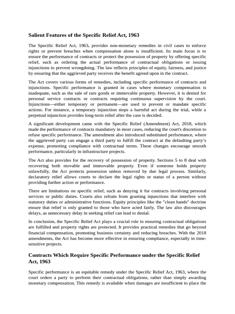 Salient Features of Specific Relief Act 1963 | PDF | Legal Remedy ...