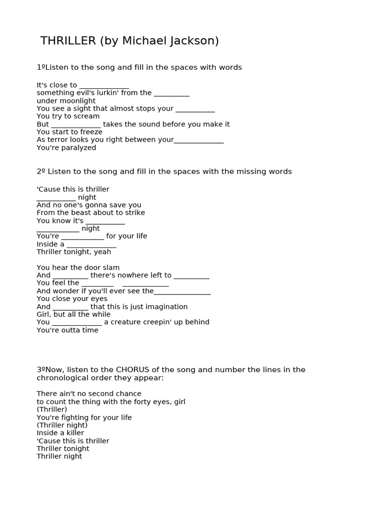 Fill in the Gaps: Thriller Lyrics | PDF