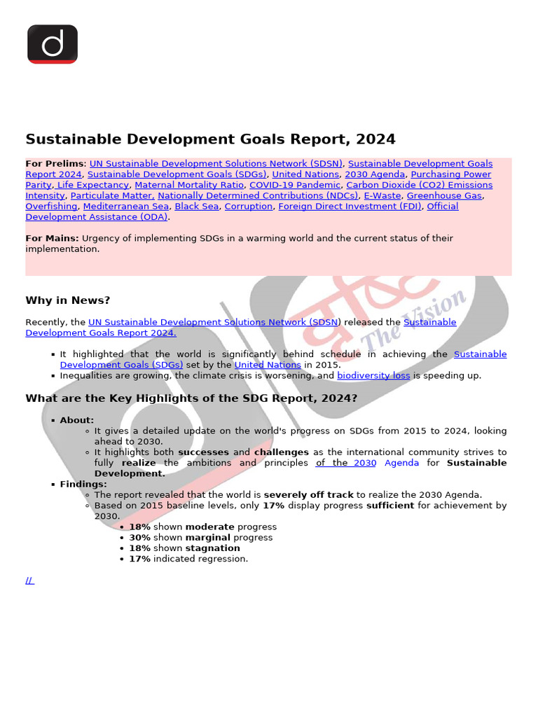 Sustainable Development Goals Report, 2024: Why in News? | PDF ...