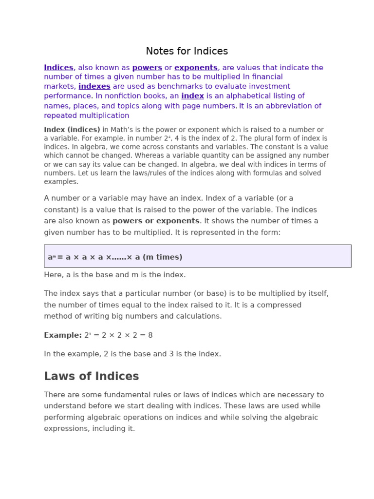 Notes For Indices Pdf Multiplication Numbers