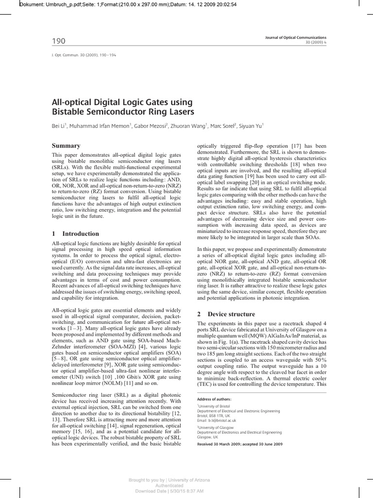 All-Optical Logic Gates with SRLs | PDF | Logic Gate | Laser