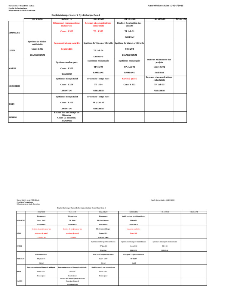 Emploi du temps Master 2 Skikda 2024/2025 | PDF | Sciences physiques ...