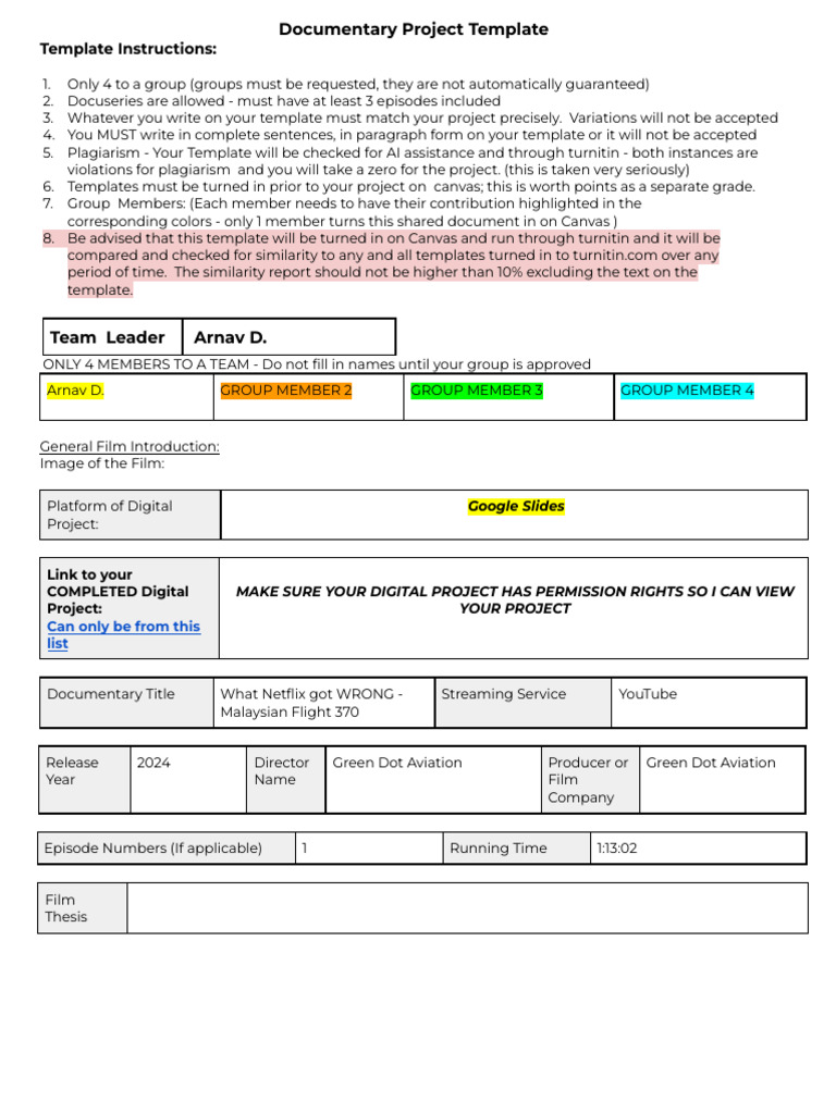 Documentary Project Template Guide | PDF | Malaysia Airlines Flight 370 ...