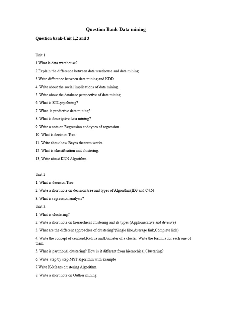 Data Mining Question Bank: Units 1-3 | PDF | Teaching Methods ...