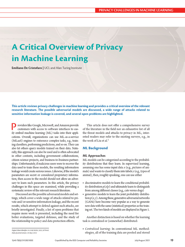 Privacy Challenges in Machine Learning | PDF | Machine Learning | Cognition