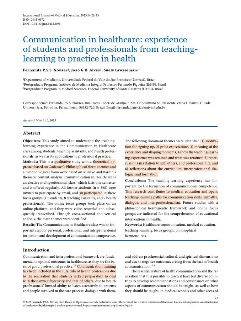Enhancing Communication in Healthcare Education | PDF | Experience ...