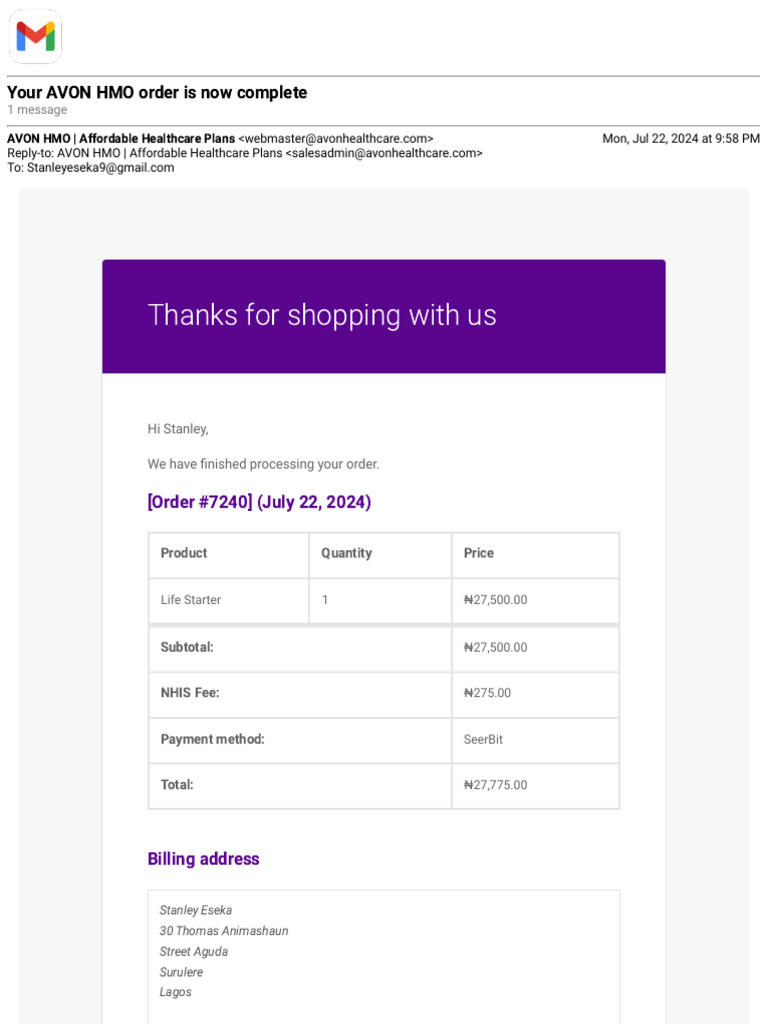 Gmail - Your AVON HMO Order Is Now Complete | PDF