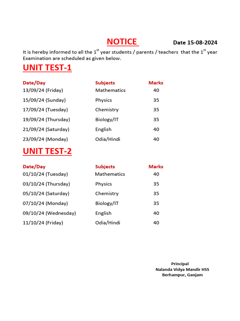 1st Year Exam Time Table 2024 Pdf