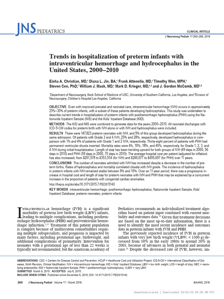 Trends in IVH and Hydrocephalus in Preterm Infants | PDF | Preterm ...