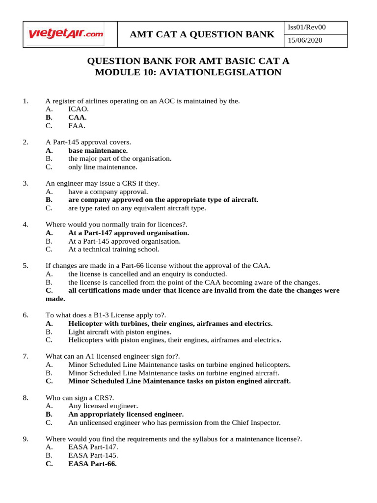 AMT CAT A Aviation Legislation Question Bank | PDF | Federal Aviation ...