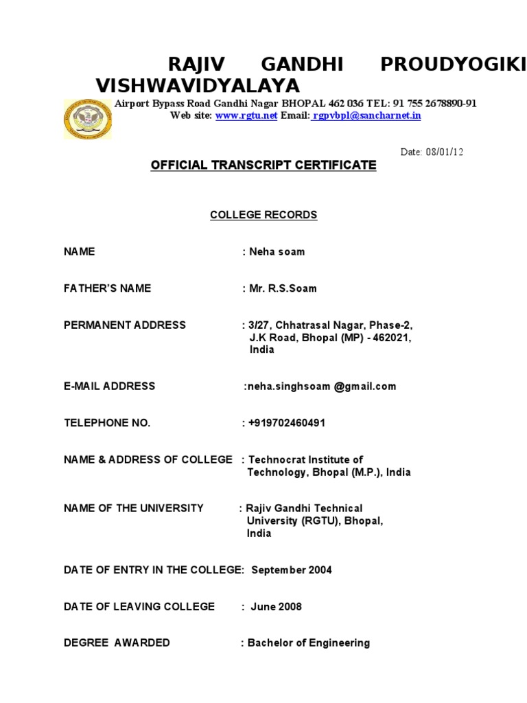 RGTU Bhopal Official Transcript Certificate | PDF | Science And ...
