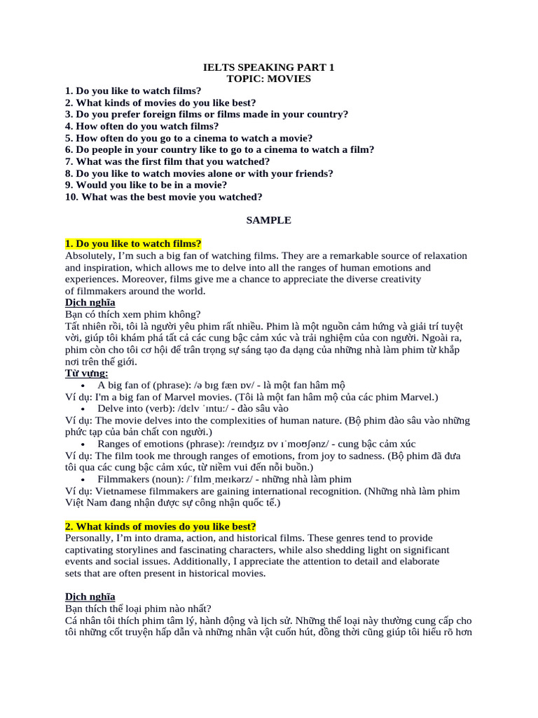 Ielts Speaking Part 1 - Movies | PDF