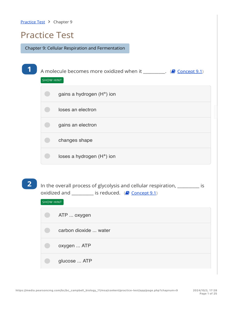 Practice test chapter 9 urry et al campbell biology 11 e pdf