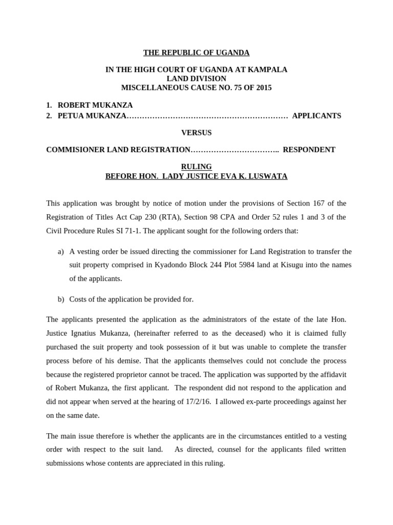 Uganda Land Vesting Order Ruling | PDF | Leasehold Estate | Lawsuit