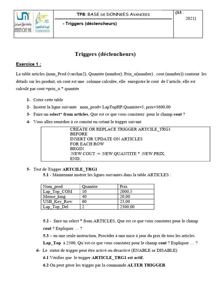 Création et gestion de triggers SQL | PDF