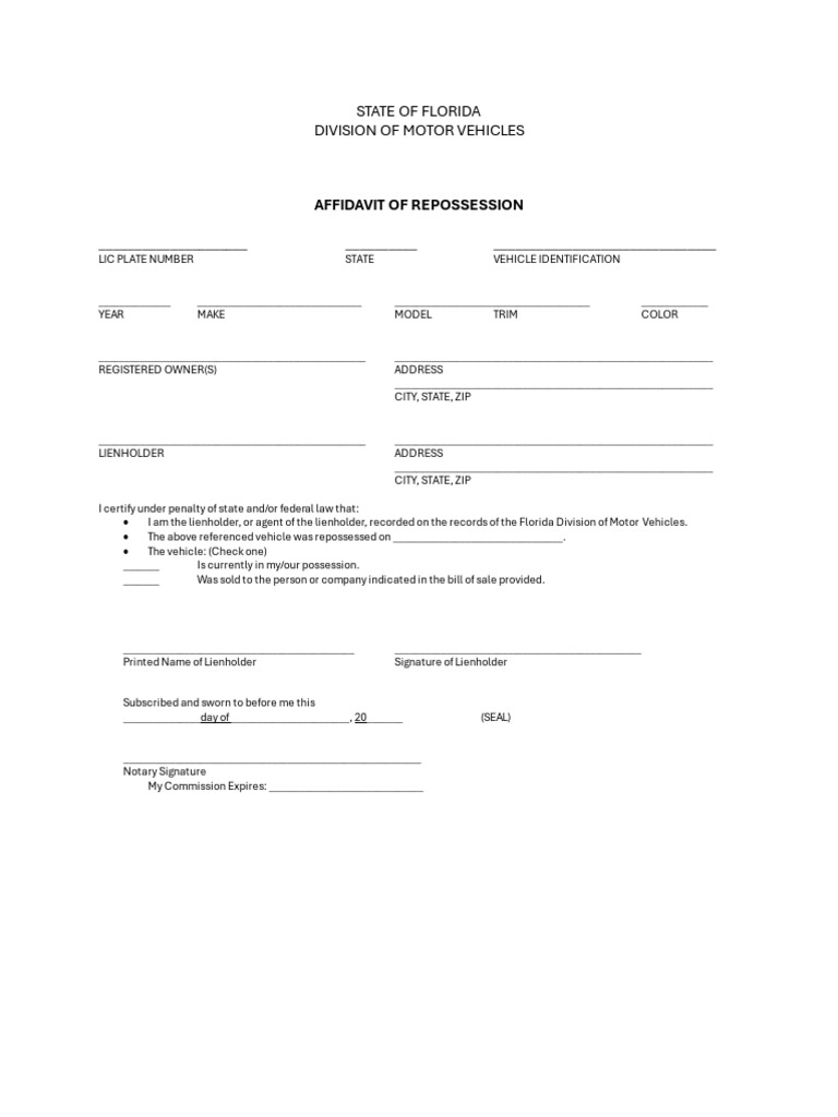 Florida Affidavit of Repossession Form | PDF