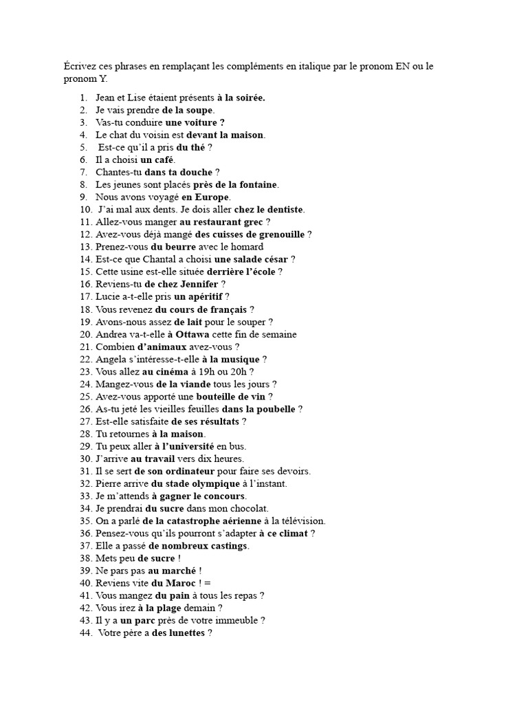 Exercices sur les pronoms EN et Y | PDF