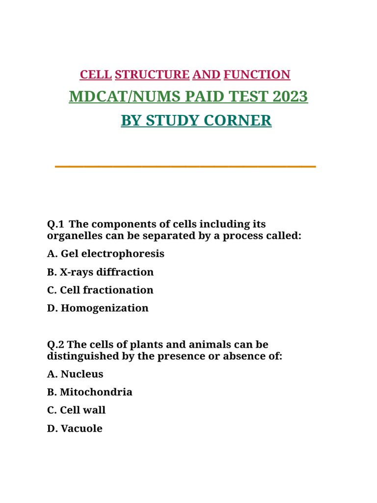 MDCAT Cell Structure MCQs 2023 | PDF | Cell (Biology) | Endoplasmic ...