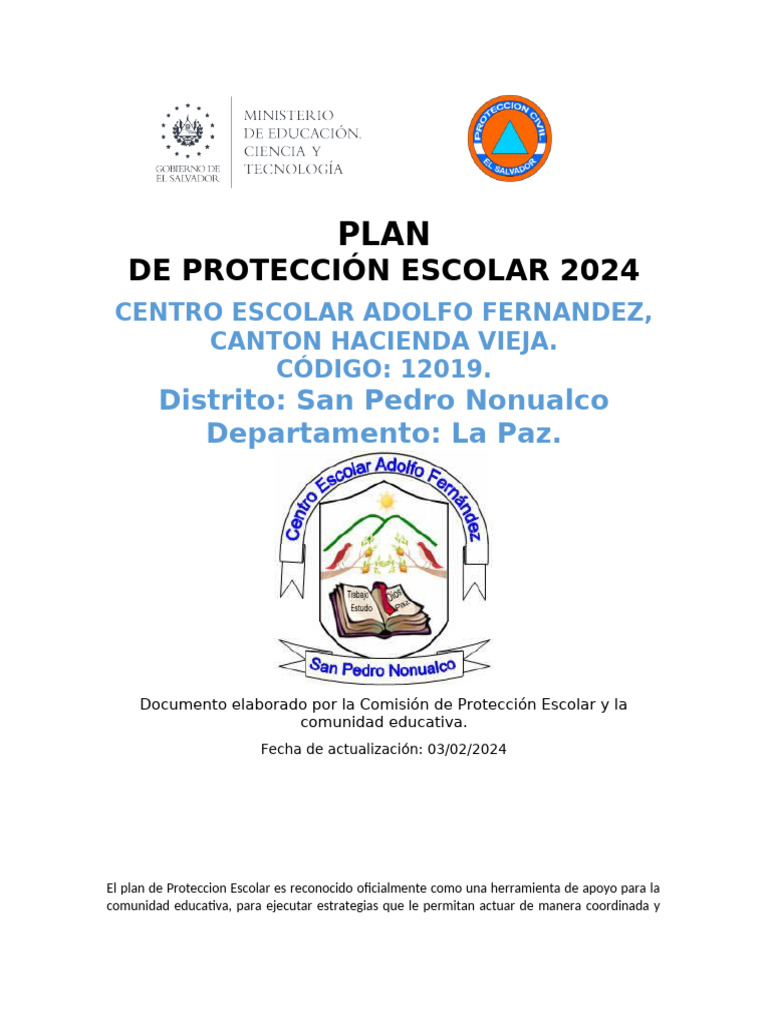 Plan de Proteccion Escolar 2024 Adolfo - 110948 | PDF | Defensa Civil ...