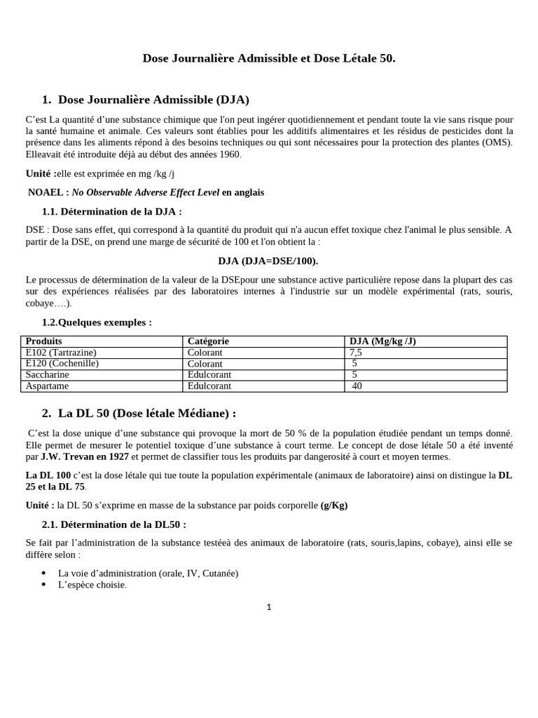 DJA et DL50 : Concepts et Calculs | PDF | Sciences et mathématiques