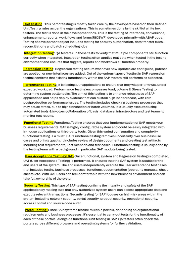 Types of SAP Testing Explained | PDF | Software Testing | Unit Testing