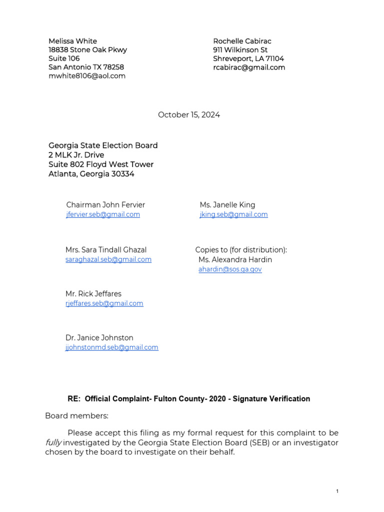 Fulton County Election Complaint 2020 | PDF | Absentee Ballot | Signature