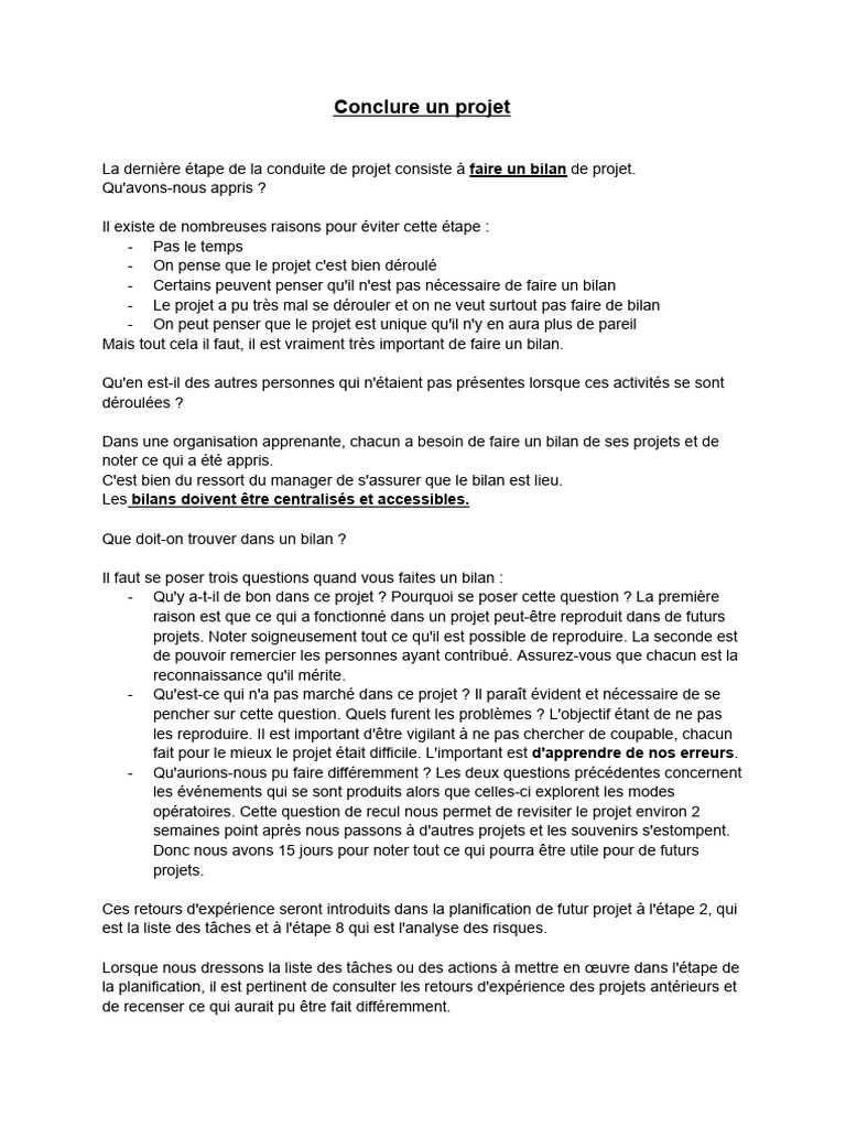 Bilan de projet : clés pour conclure | PDF
