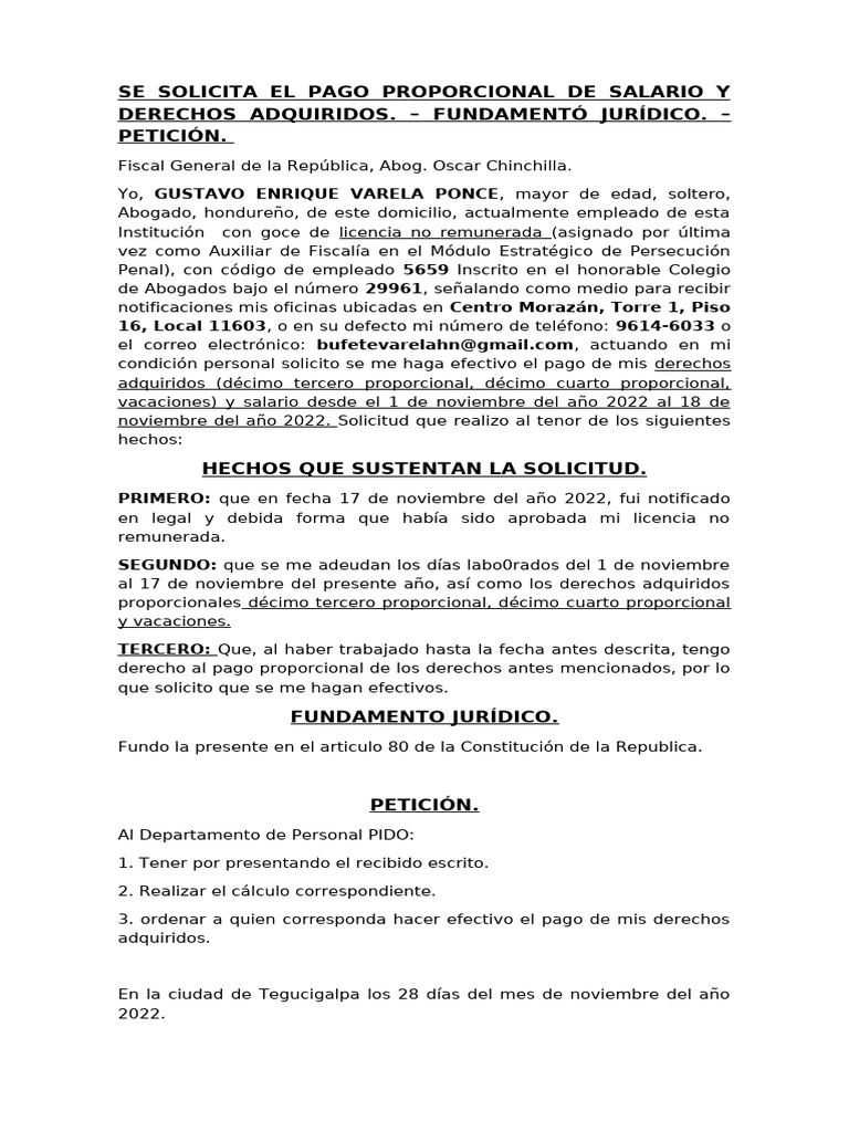 Se Solicita El Pago Proporcional de Salario y Derechos Adquiridos | PDF ...