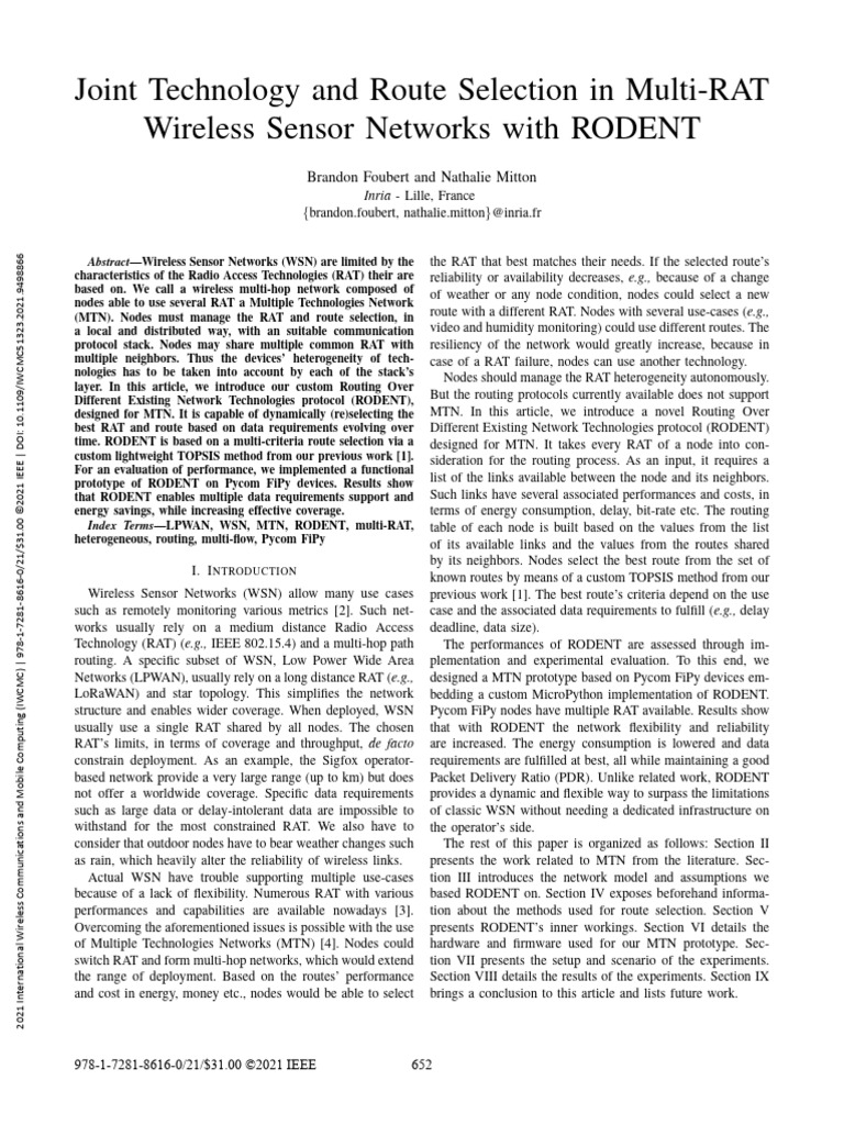 RODENT: Dynamic Routing in Multi-RAT WSN | PDF | Wireless Sensor ...