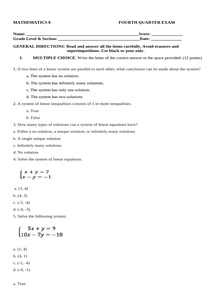 Grade 8 Math 4th Quarter Exam | PDF | System Of Linear Equations ...