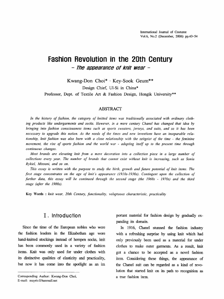 Fashion Revolution in The 20th Century - The Appearance of Knit Wear | PDF