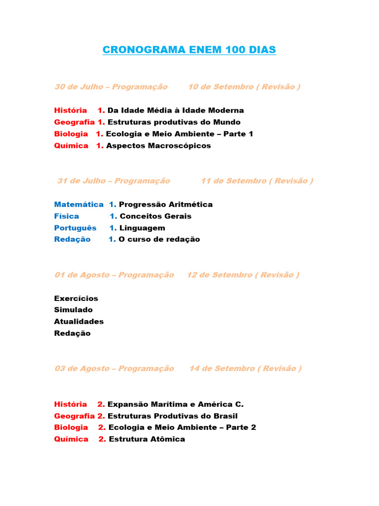 Cronograma de Estudos para o ENEM 2023 | PDF | Química | Física
