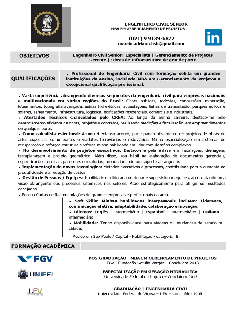 Engenheiro Civil Sênior com MBA em Projetos | PDF | Engenharia Civil ...