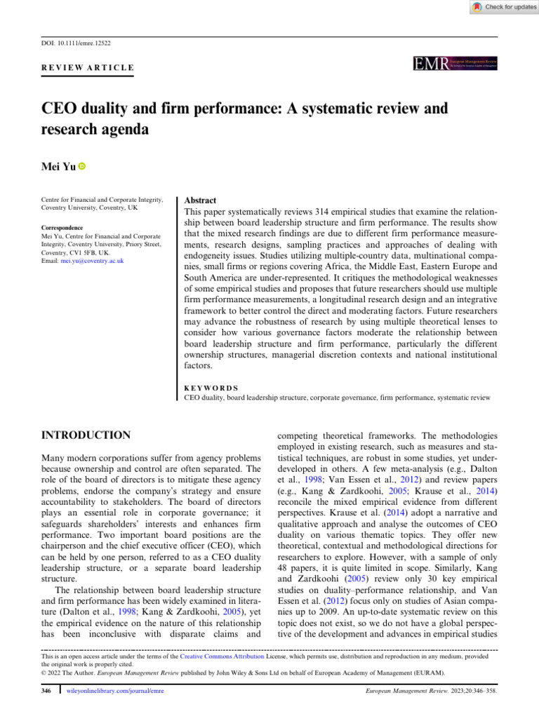 CEO Duality and Firm Performance Review | PDF | Endogeneity ...