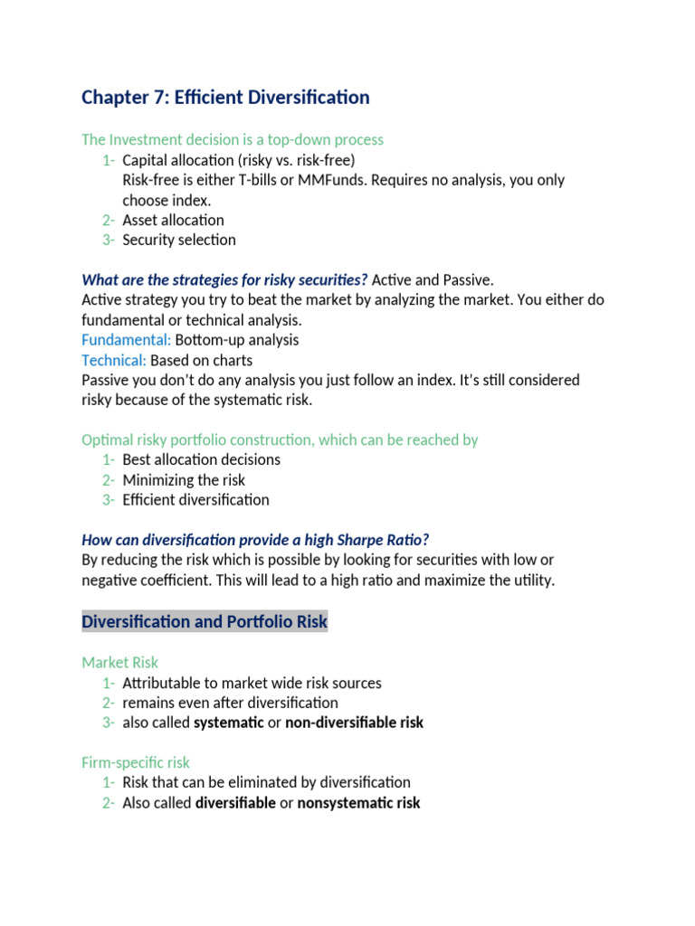 Portfolio notes FIN363 | PDF | Modern Portfolio Theory | Financial Risk