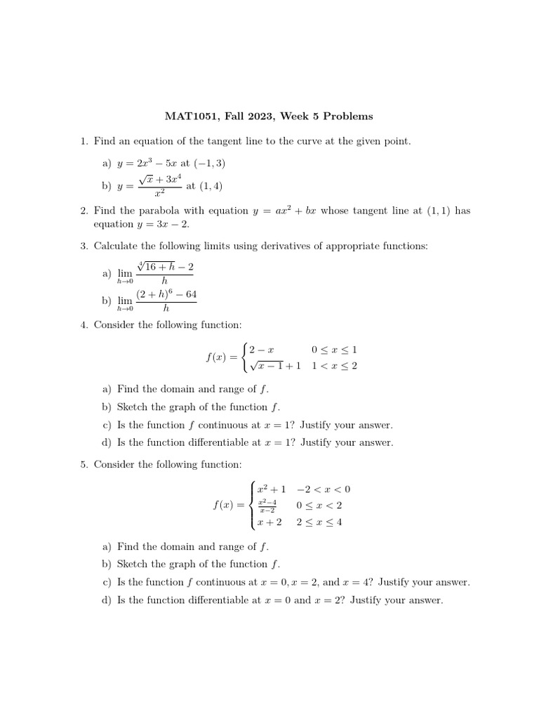 Week 5 Calculus Problems and Solutions | PDF | Tangent | Differential ...