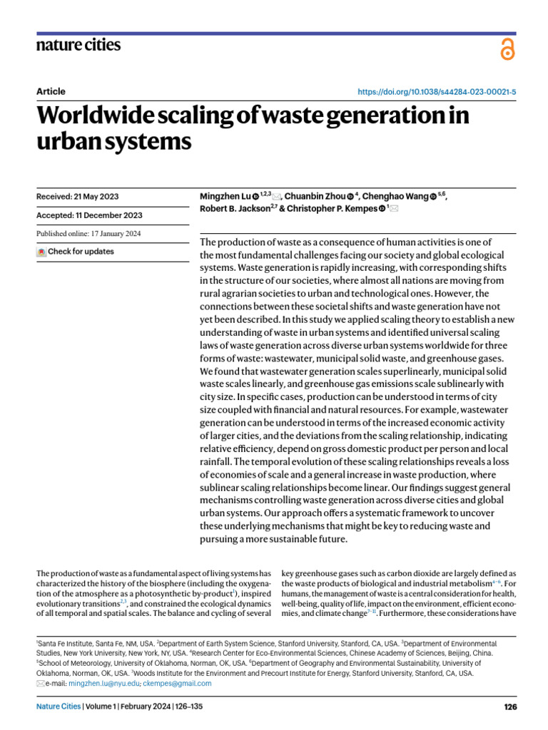 Worldwide Scaling Of Waste Generation In Urban Systems Pdf Natural