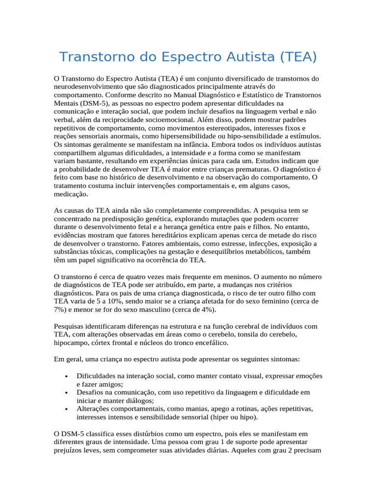 Entendendo o Transtorno do Espectro Autista | PDF | Espectro do autismo ...