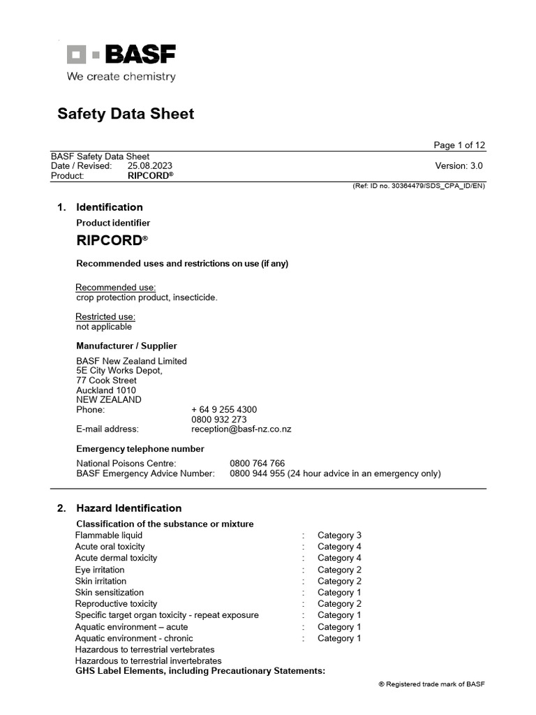 SDS_RIPCORD_NZ_25082023 | PDF | Dangerous Goods | Toxicity