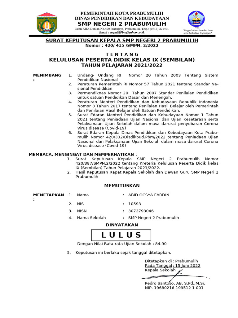 Kelulusan Kelas IX SMPN 2 Prabumulih | PDF