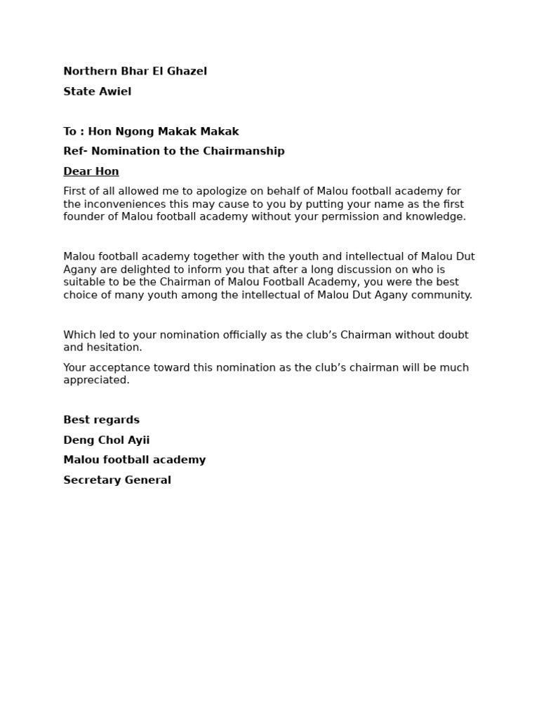 Nomination for Malou Football Academy Chair | PDF