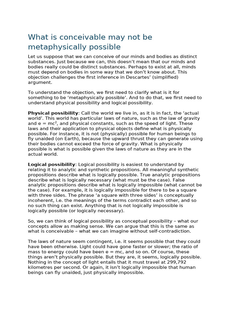 Metaphysical vs. Logical Possibility Explained | PDF | Metaphysics ...