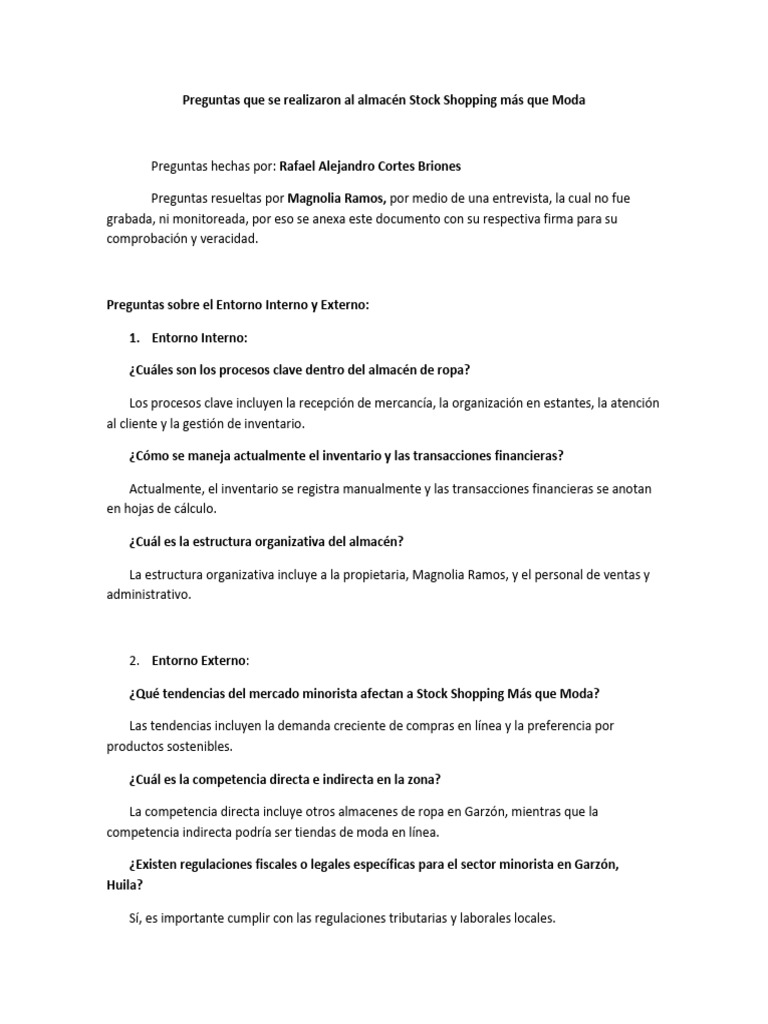 Preguntas Que Se Realizaron Al Almacén Stock Shopping Más Que Moda | PDF