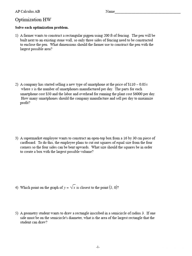 AB Calc Opitmization HW | PDF | Area | Euclidean Geometry